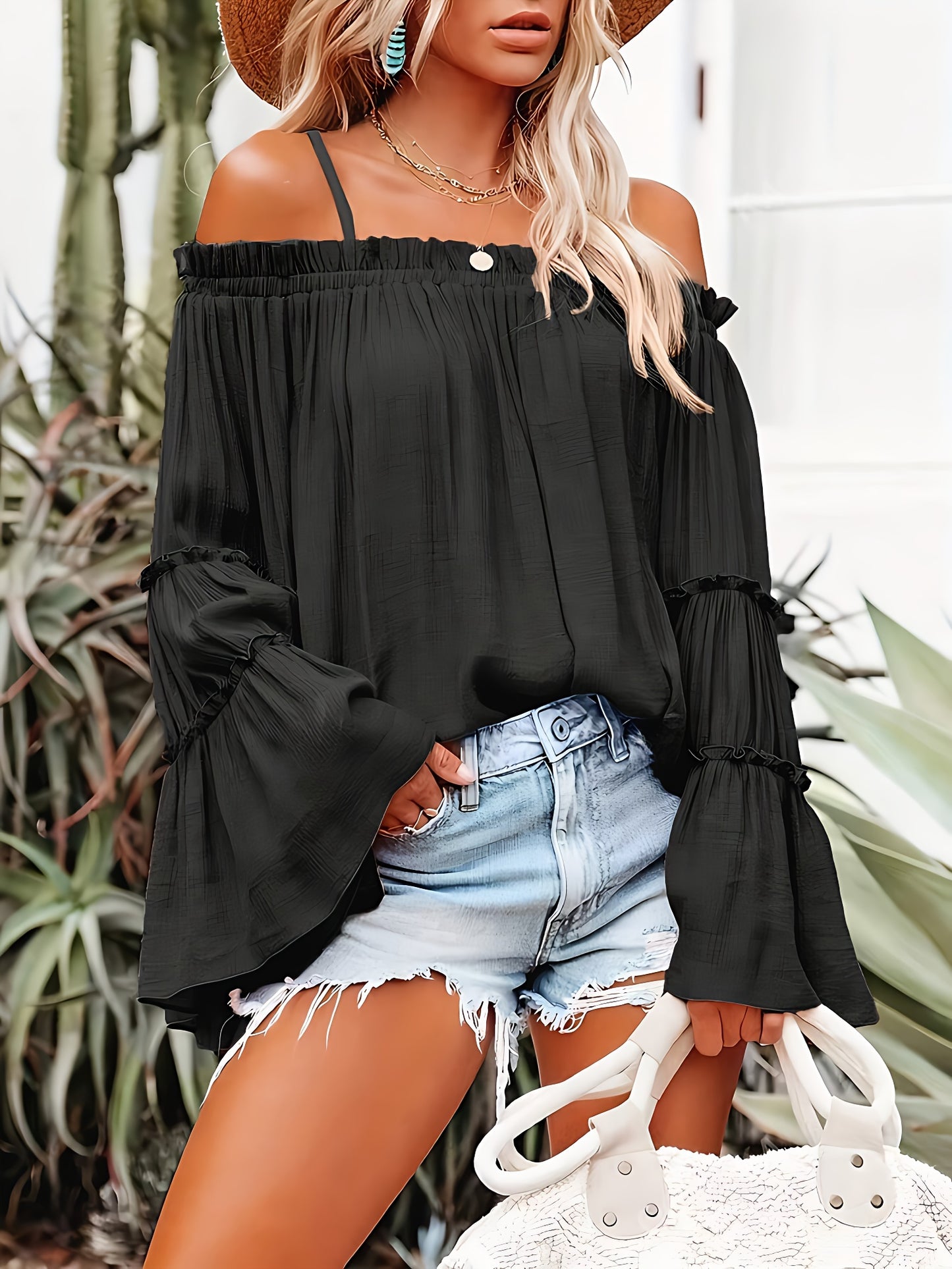 Women'S One Shoulder Elegant And Fashionable Solid Color Off Shoulder Flared Sleeve Shirt For Vacation And Casual Wear