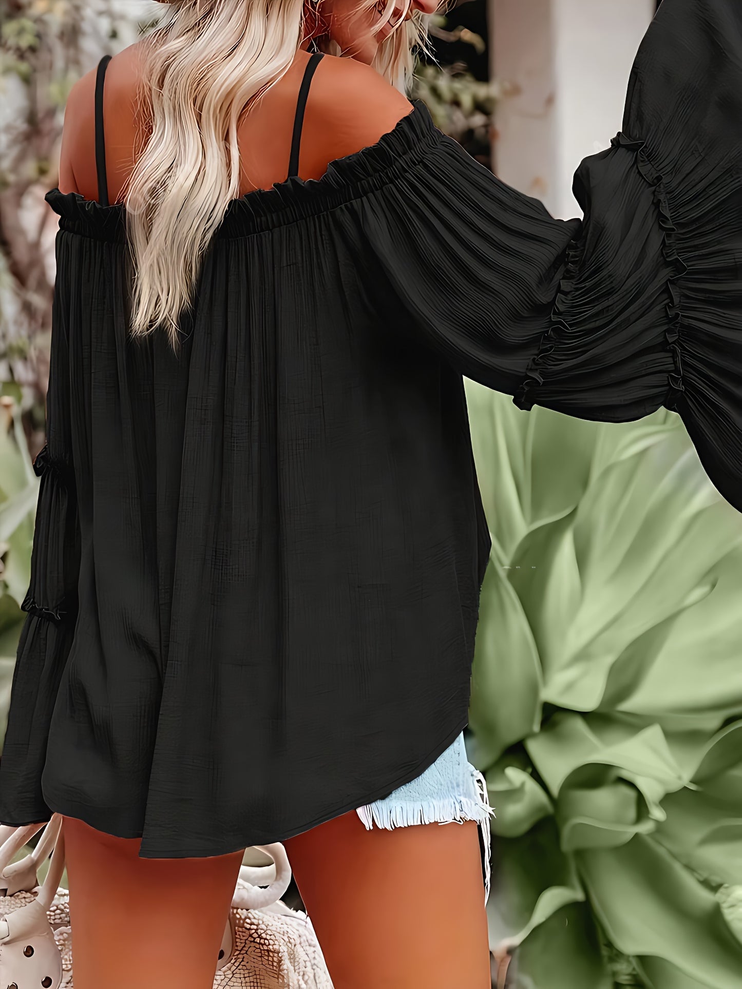 Women'S One Shoulder Elegant And Fashionable Solid Color Off Shoulder Flared Sleeve Shirt For Vacation And Casual Wear